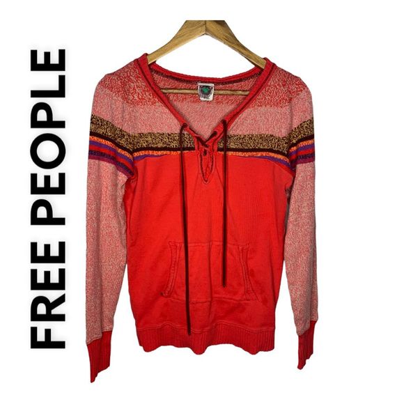 Free People Women’s Large Long Sleeve Shirt Top with Drawstring Neck Red